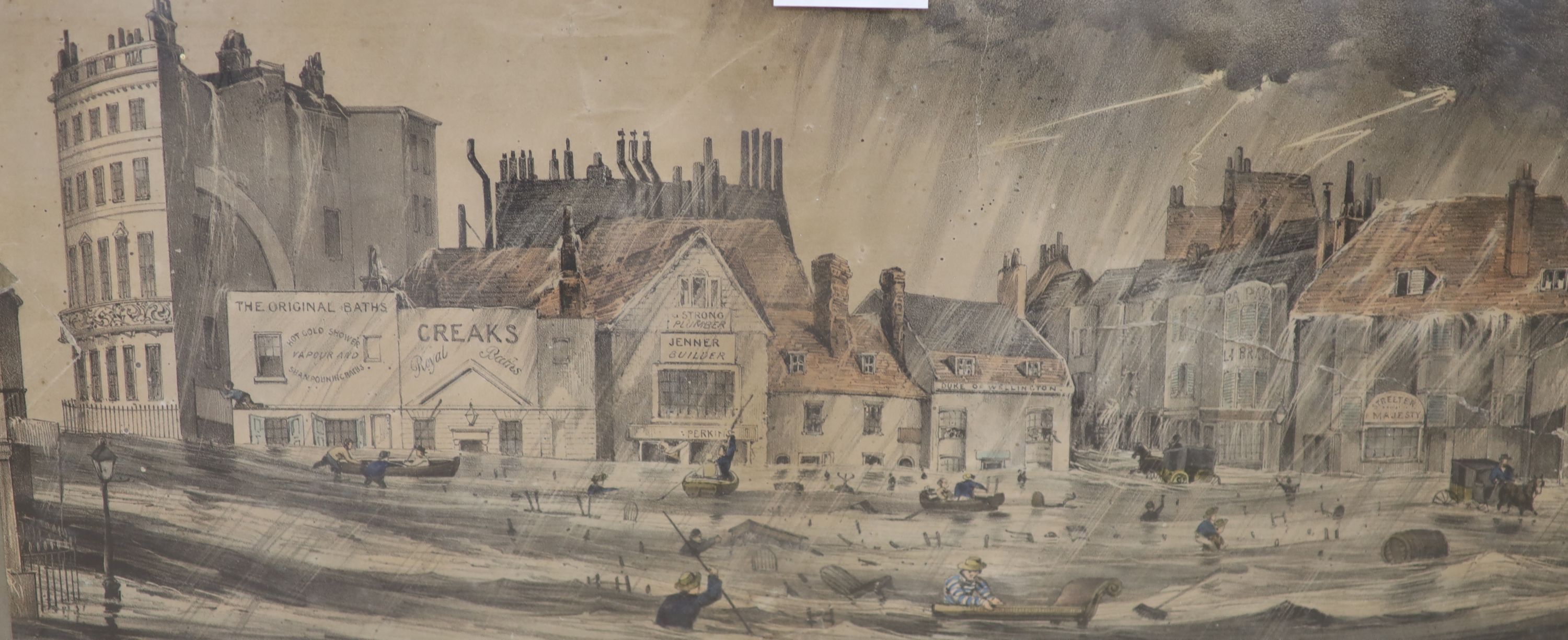 John Bruce 1839, coloured aquatint, 'A Birds Eye View of Brighton', 29 x 41cm, a coloured lithograph, 'The Inundation of Pool Valley